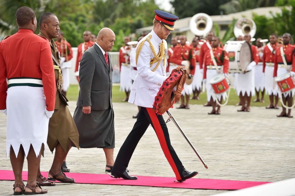 PHOTO: Britain's Prince Harry lays a wreath at the War Memorial in Suva, Fiji, Oct.24, 2018. 