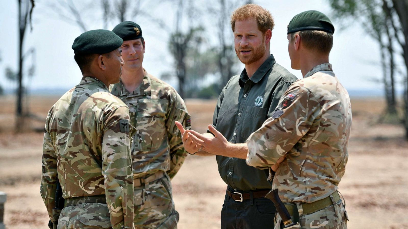 PHOTO: Britain's Prince Harry meets service personnel at the memorial site for Guardsman Mathew Talbot of the Coldstream Guards at the Liwonde National Park in Malawi, Sept. 30, 2019, on day eight of the royal tour of Africa.