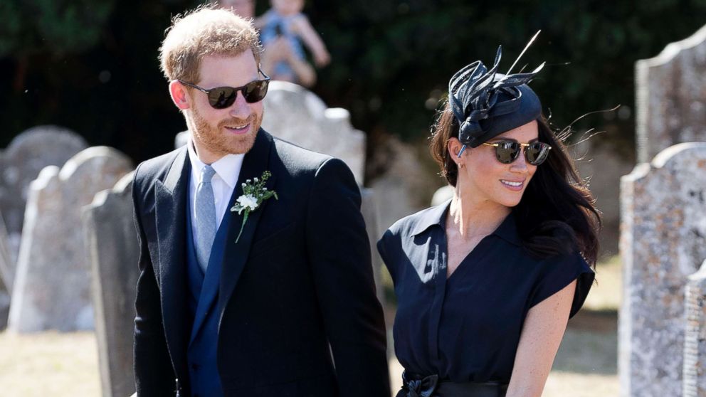 PHOTO: Prince Harry and Duchess Meghan Markle leave the wedding of Charlie Van Straubenzee and Daisy Jenks in Frensham ,U.K., Aug. 4, 2018.