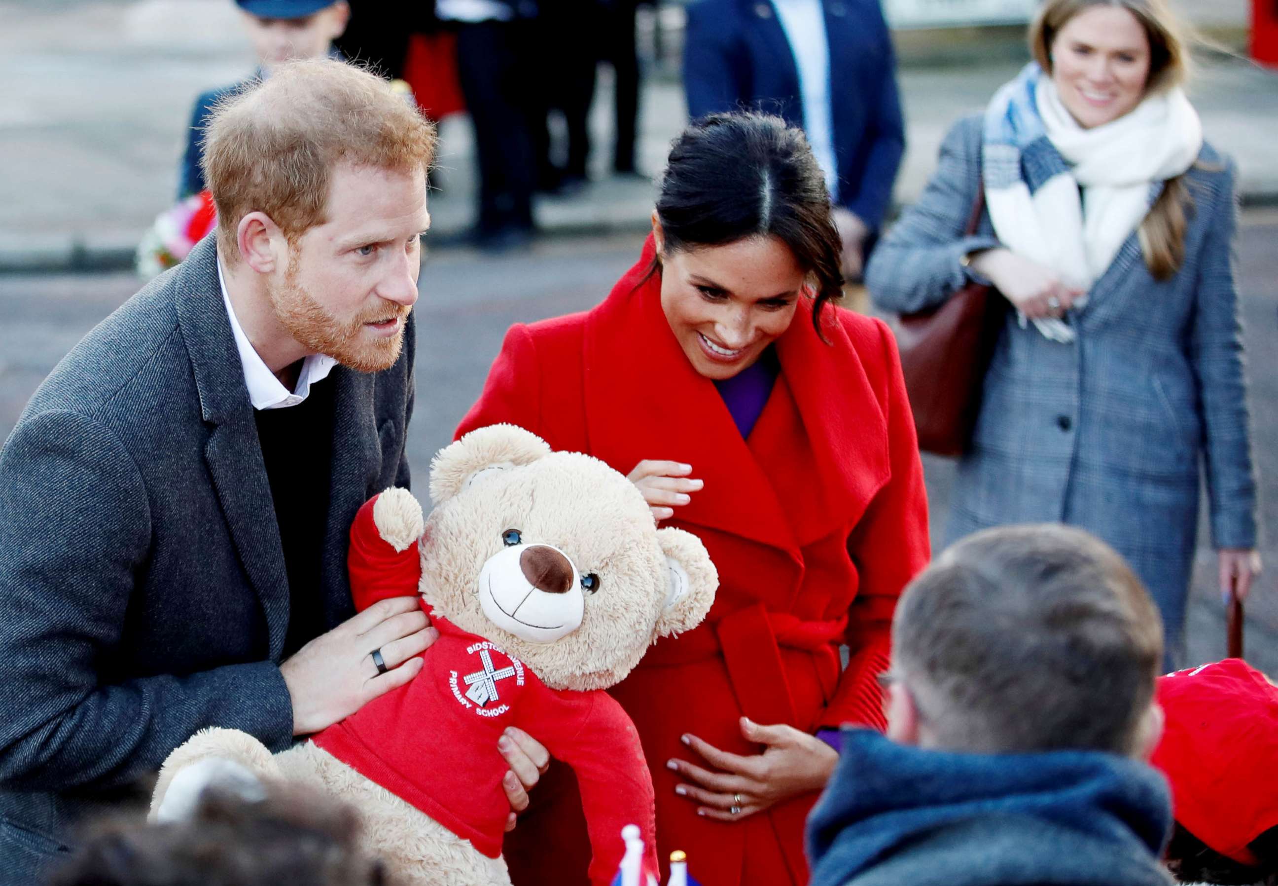 PHOTO: Britain's Prince Harry and Meghan Markle, Duchess of Sussex receive a teddy bear as they visit the Hamilton Square in Birkenhead, Britain, Jan. 14, 2019.