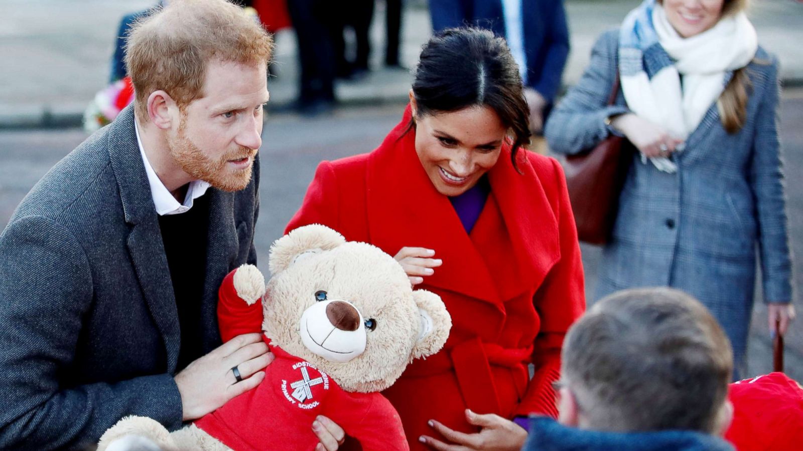 PHOTO: Britain's Prince Harry and Meghan Markle, Duchess of Sussex receive a teddy bear as they visit the Hamilton Square in Birkenhead, Britain, Jan. 14, 2019.