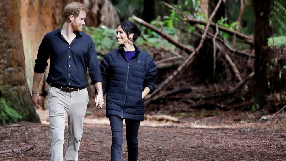 PHOTO: Britain's Prince Harry and Meghan Markle, Duchess of Sussex walk through a Redwoods forest in Rotorua, New Zealand, Oct. 31, 2018.