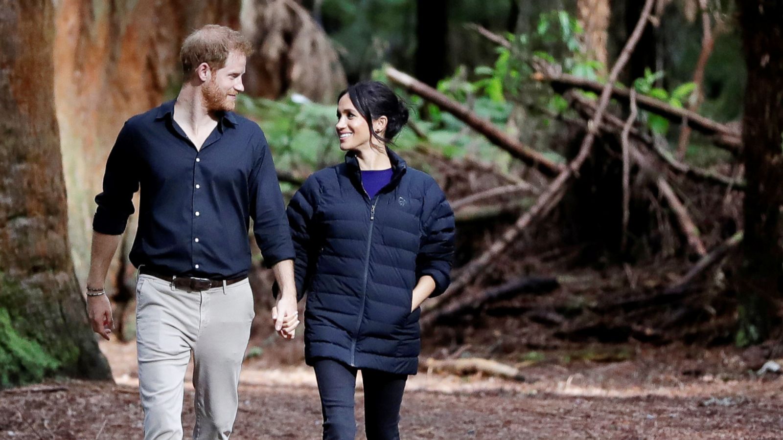 PHOTO: Britain's Prince Harry and Meghan Markle, Duchess of Sussex walk through a Redwoods forest in Rotorua, New Zealand, Oct. 31, 2018.