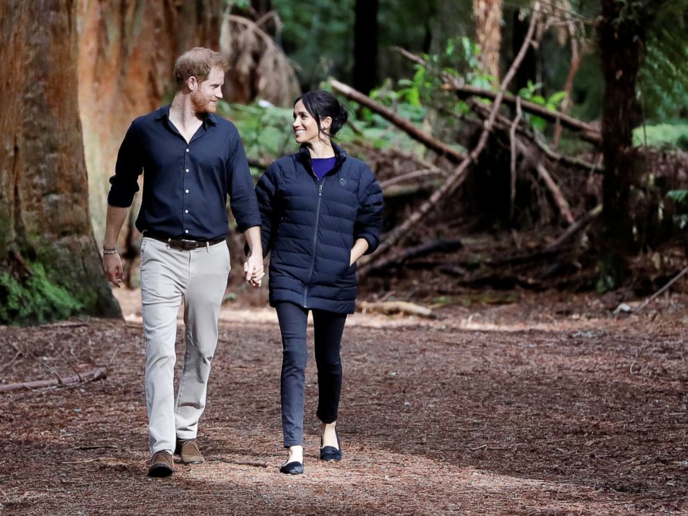 PHOTO: Britain's Prince Harry and Meghan Markle, Duchess of Sussex walk through a Redwoods forest in Rotorua, New Zealand, Oct. 31, 2018.