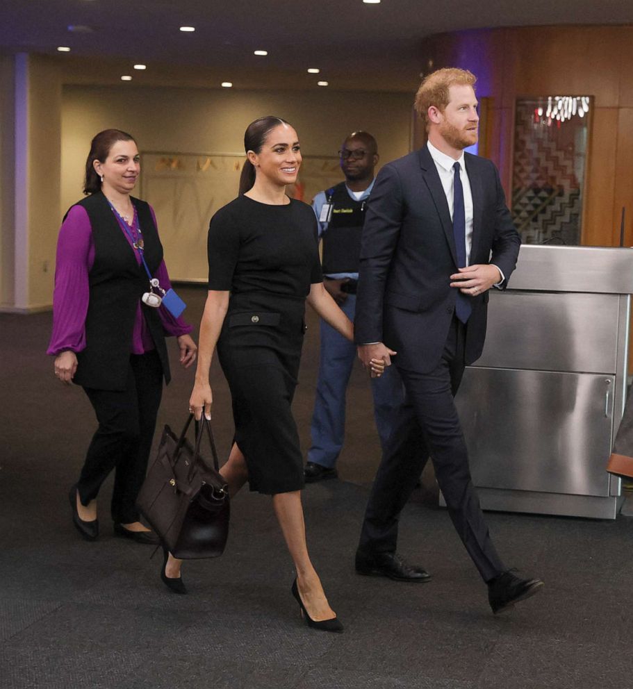 PHOTO: Meghan, Duchess of Sussex and Britain's Prince Harry arrive to celebrate Nelson Mandela International Day at the United Nations Headquarters in New York, July 18, 2022.