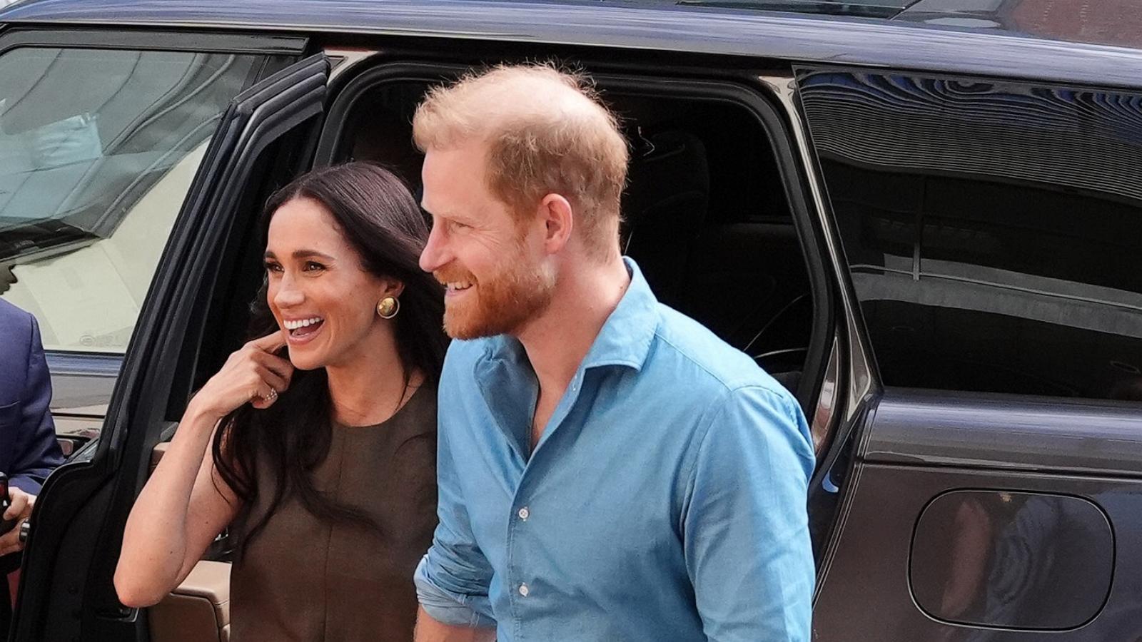 PHOTO: In this April 16, 2026, file photo, Meghan, Duchess of Sussex, and Prince Harry, Duke of Sussex arrive at Swinburne University of Technology, on April 16, 2026.
