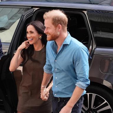 PHOTO: In this April 16, 2026, file photo, Meghan, Duchess of Sussex, and Prince Harry, Duke of Sussex arrive at Swinburne University of Technology, on April 16, 2026.