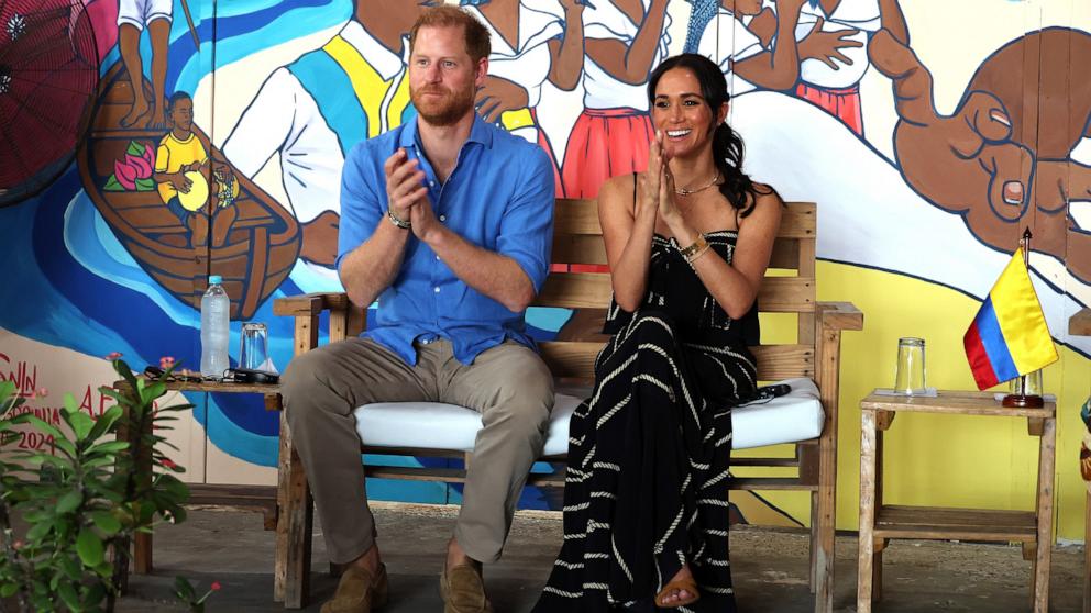 PHOTO: Prince Harry, Duke of Sussex and Meghan, Duchess of Sussex at the Escuela Tambores de Cabildo during The Duke and Duchess of Sussex Colombia Visit, Aug. 17, 2024, in Cartagena, Colombia.