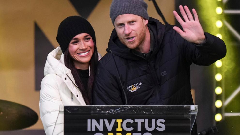 PHOTO: Britain's Prince Harry and his wife Meghan, the Duke and Duchess of Sussex, attend a welcome celebration during the 2025 Invictus Games, in Whistler, British Columbia, Feb. 10, 2025. 