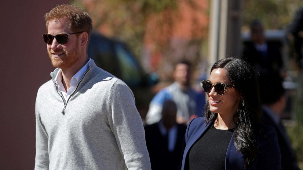 PHOTO: Britain's Prince Harry and Meghan, Duchess of Sussex, visit a boarding house for girls run in Asni, Morocco, Feb. 24, 2019.