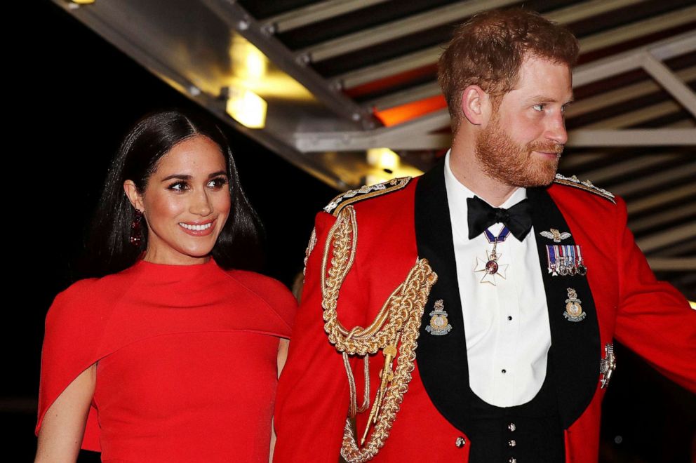 PHOTO: In this March 7, 2020 file photo, Britain's Prince Harry and Meghan, Duchess of Sussex arrive at the Royal Albert Hall in London, , to attend the Mountbatten Festival of Music.