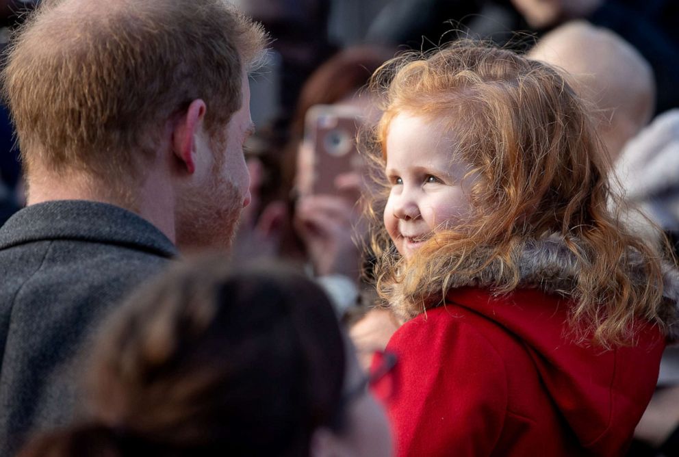 PHOTO: Prince Harry and Meghan, Duchess of Sussex greet well-wishers on Hamilton Square as they visit a new statue during an official visit to Birkenhead, Jan. 14, 2019, in Birkenhead, United Kingdom.