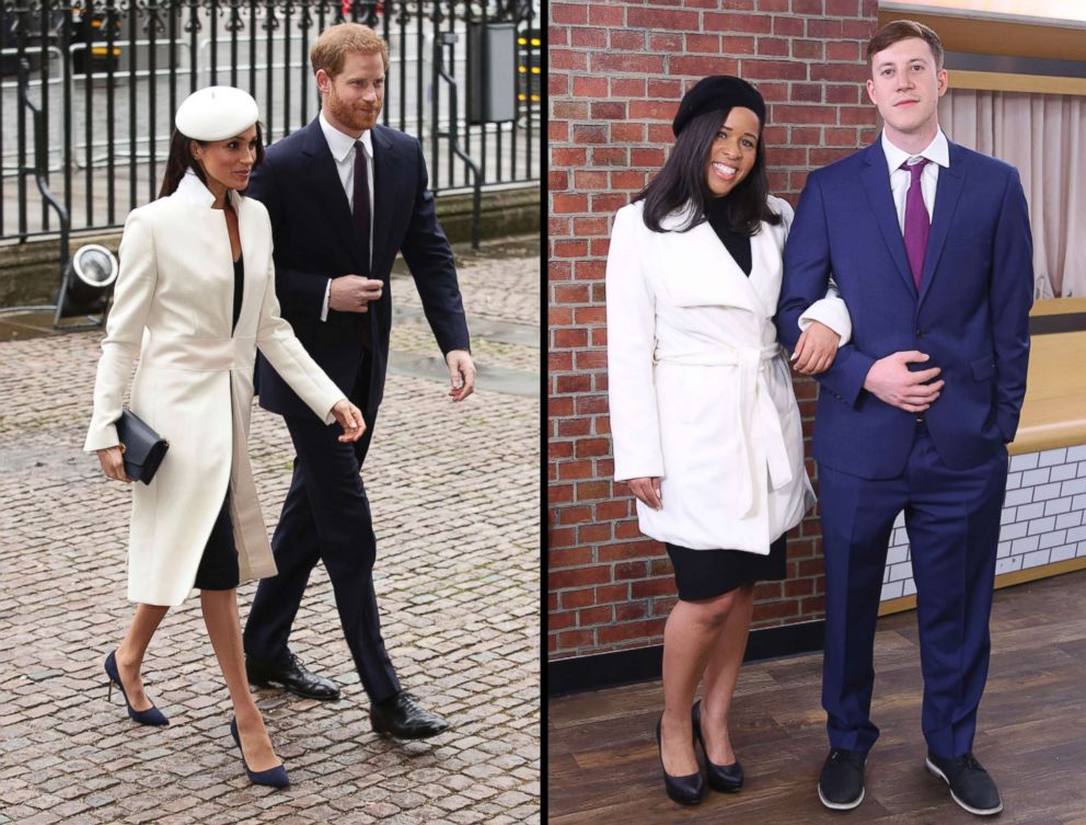 PHOTO: Britain's Prince Harry and Meghan Markle, arrive for the Commonwealth Service at Westminster Abbey in London, March 12, 2018, left. Models pose as Prince Harry and Meghan Markle in last-minute Halloween costumes, right.