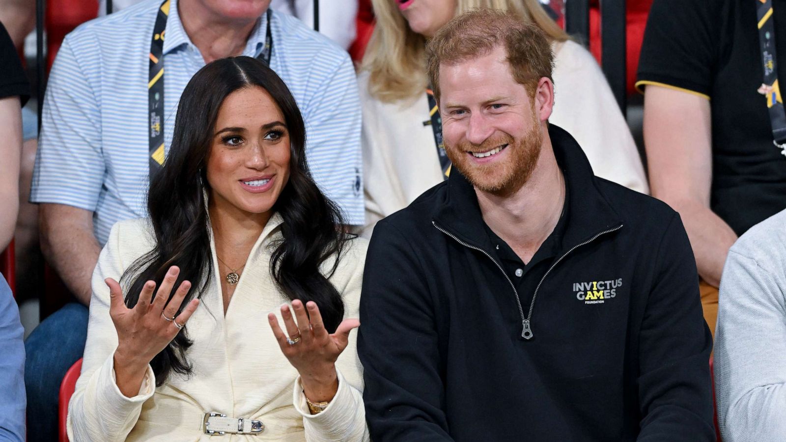 PHOTO: Prince Harry, Duke of Sussex and Meghan, Duchess of Sussex attend the sitting volleyball event during the Invictus Games at Zuiderpark on April 17, 2022 in The Hague, Netherlands.