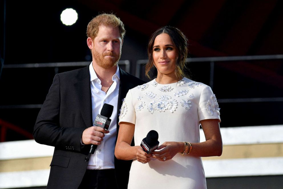 PHOTO: Prince Harry and Meghan Markle speak during the 2021 Global Citizen Live festival at the Great Lawn, Central Park on Sept. 25, 2021 in New York City.