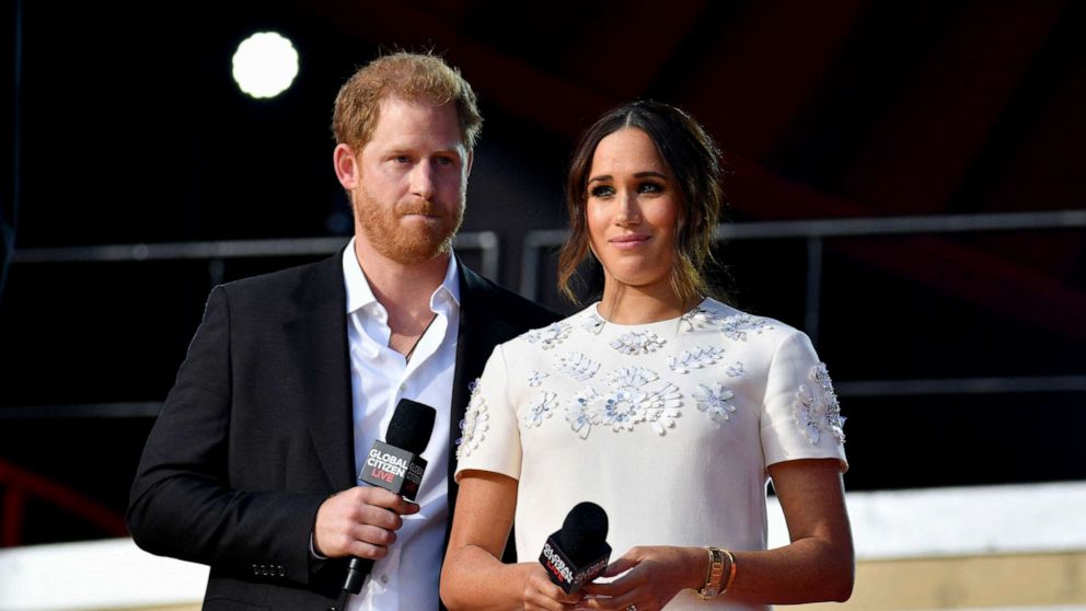 PHOTO: Prince Harry and Meghan Markle speak during the 2021 Global Citizen Live festival at the Great Lawn, Central Park on September 25, 2021 in New York City.