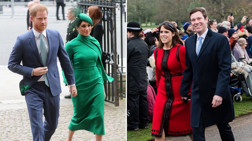 PHOTO: Prince Harry, Duke of Sussex and Meghan, Duchess of Sussex attend the Commonwealth Day Service, March 9, 2020, in London. Princess Eugenie of York and Jack Brooksbank attend Christmas Day Church service, Dec. 25, 2018, in King's Lynn, England. 