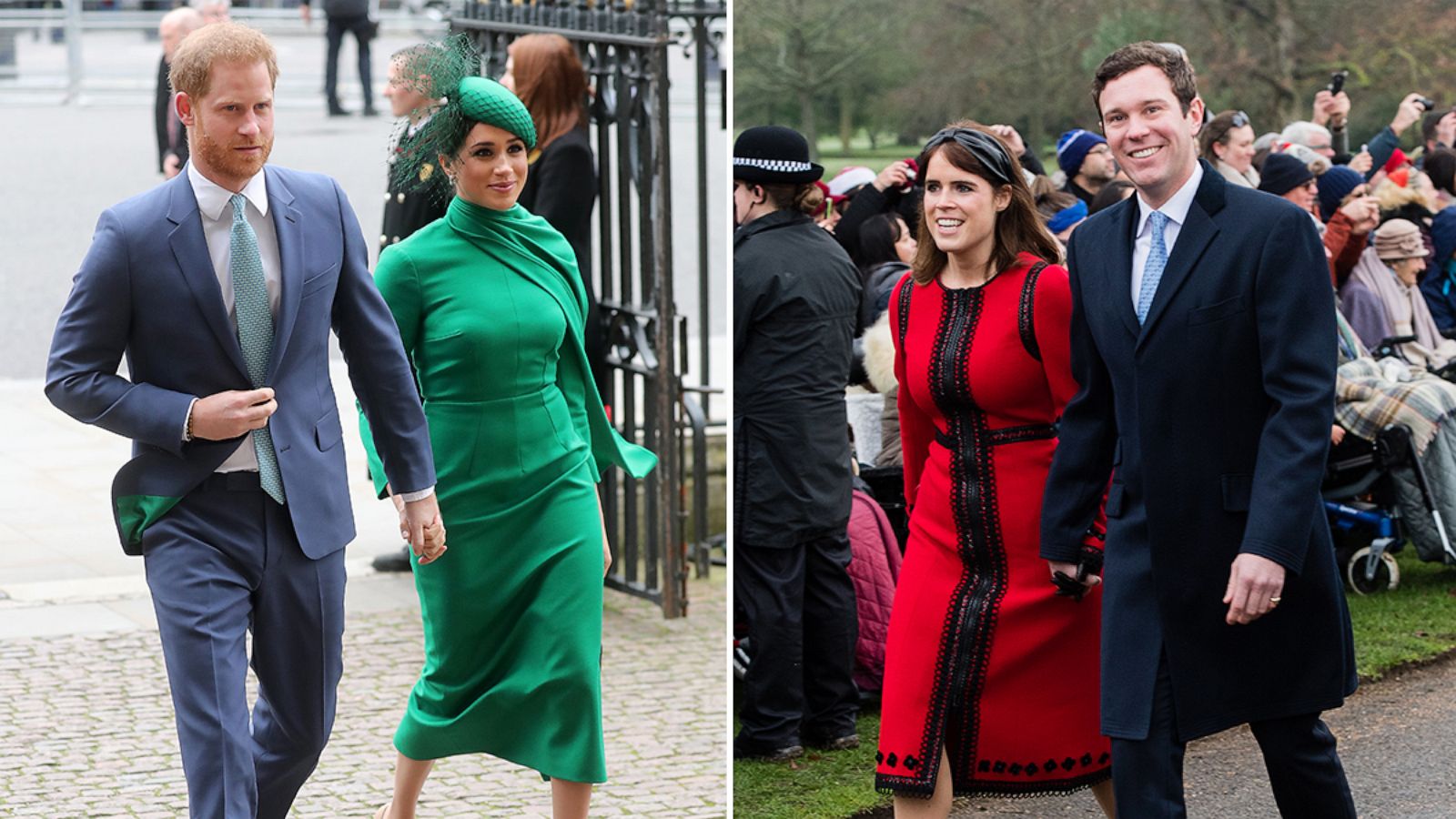 PHOTO: Prince Harry, Duke of Sussex and Meghan, Duchess of Sussex attend the Commonwealth Day Service, March 9, 2020, in London. Princess Eugenie of York and Jack Brooksbank attend Christmas Day Church service, Dec. 25, 2018, in King's Lynn, England.