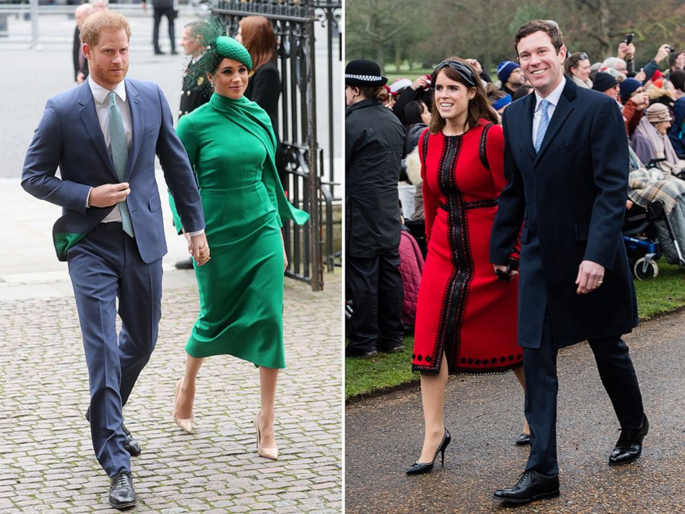 PHOTO: Prince Harry, Duke of Sussex and Meghan, Duchess of Sussex attend the Commonwealth Day Service, March 9, 2020, in London. Princess Eugenie of York and Jack Brooksbank attend Christmas Day Church service, Dec. 25, 2018, in King's Lynn, England. 