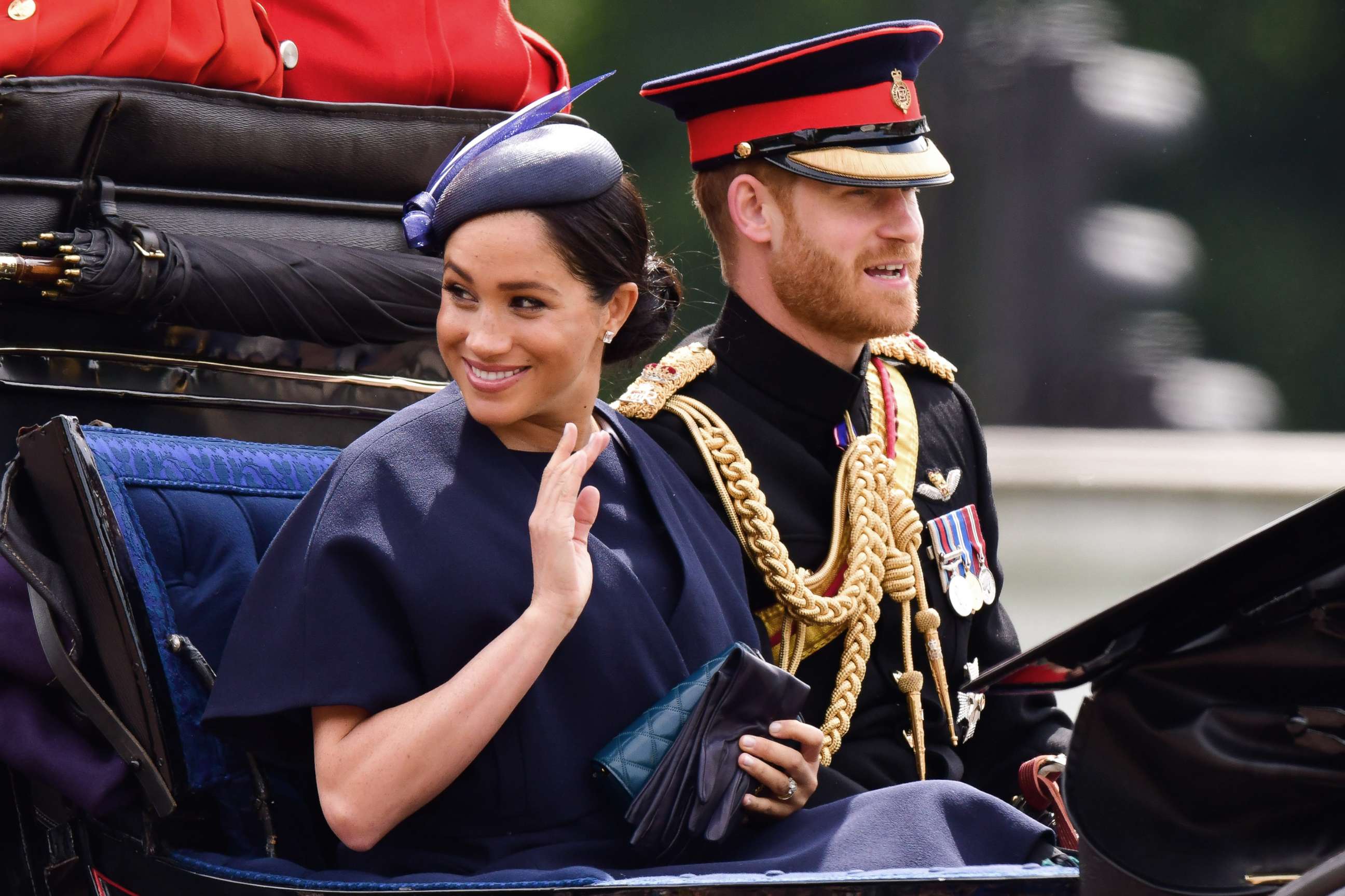 PHOTO: Meghan, Duchess of Sussex and Prince Harry, Duke of Sussex leave Buckingham Palace in a carriage during Trooping The Colour, the Queen's annual birthday parade, on June 8, 2019 in London.