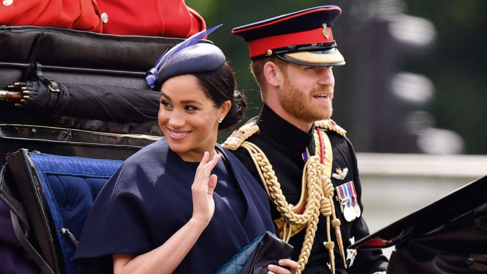 PHOTO: Meghan, Duchess of Sussex and Prince Harry, Duke of Sussex leave Buckingham Palace in a carriage during Trooping The Colour, the Queen's annual birthday parade, on June 8, 2019 in London.