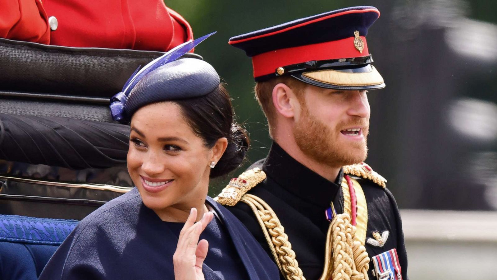 PHOTO: Meghan, Duchess of Sussex and Prince Harry, Duke of Sussex leave Buckingham Palace in a carriage during Trooping The Colour, the Queen's annual birthday parade, on June 8, 2019 in London.