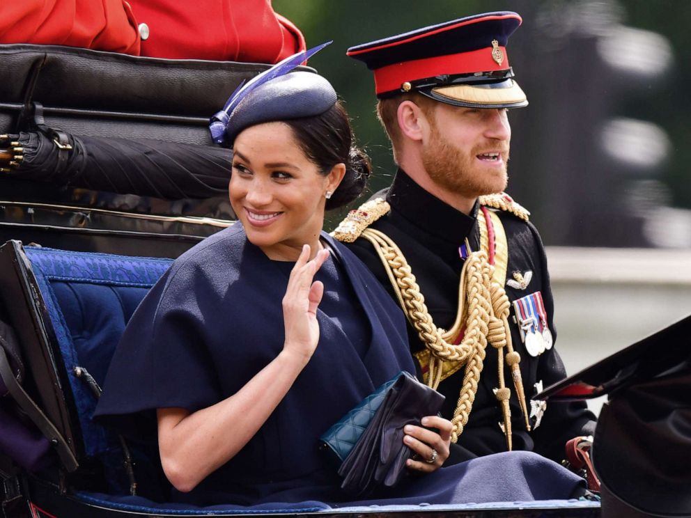 PHOTO: Meghan, Duchess of Sussex and Prince Harry, Duke of Sussex leave Buckingham Palace in a carriage during Trooping The Colour, the Queens annual birthday parade, on June 8, 2019 in London.