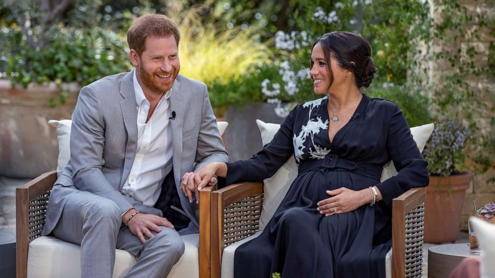 PHOTO: Prince Harry and Meghan, The Duke and Duchess of Sussex, give an interview to Oprah Winfrey that aired on March 7, 2021.