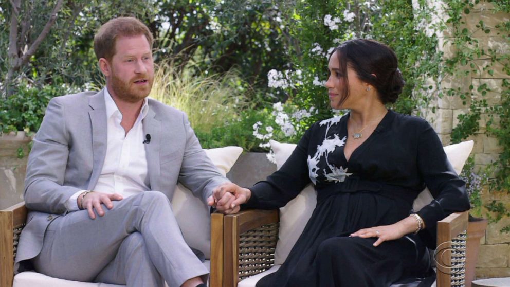 PHOTO: Prince Harry and Meghan, the Duke and Duchess of Sussex, give an interview to Oprah Winfrey, broadcast on March 7, 2021.