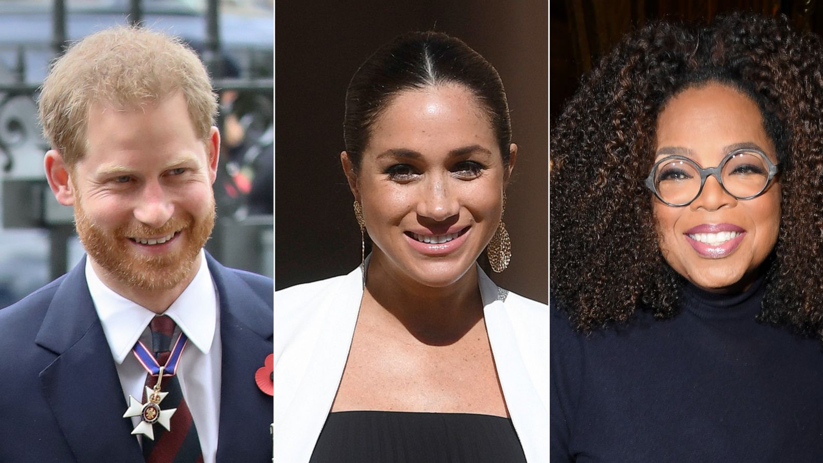 PHOTO: Britain's Prince Harry, Meghan, Duchess of Sussex, and Oprah Winfrey.