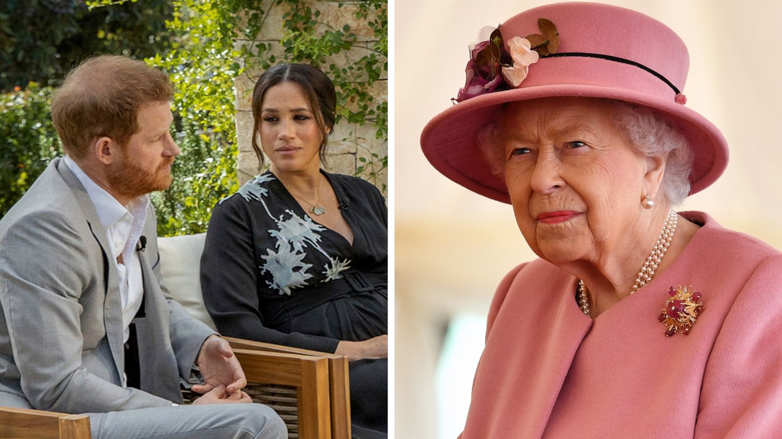 PHOTO: Prince Harry and Meghan, The Duchess of Sussex, speak with Oprah Winfrey in an undated photo released on March 1, 2021, and Queen Elizbeth II attends an event in 2018.