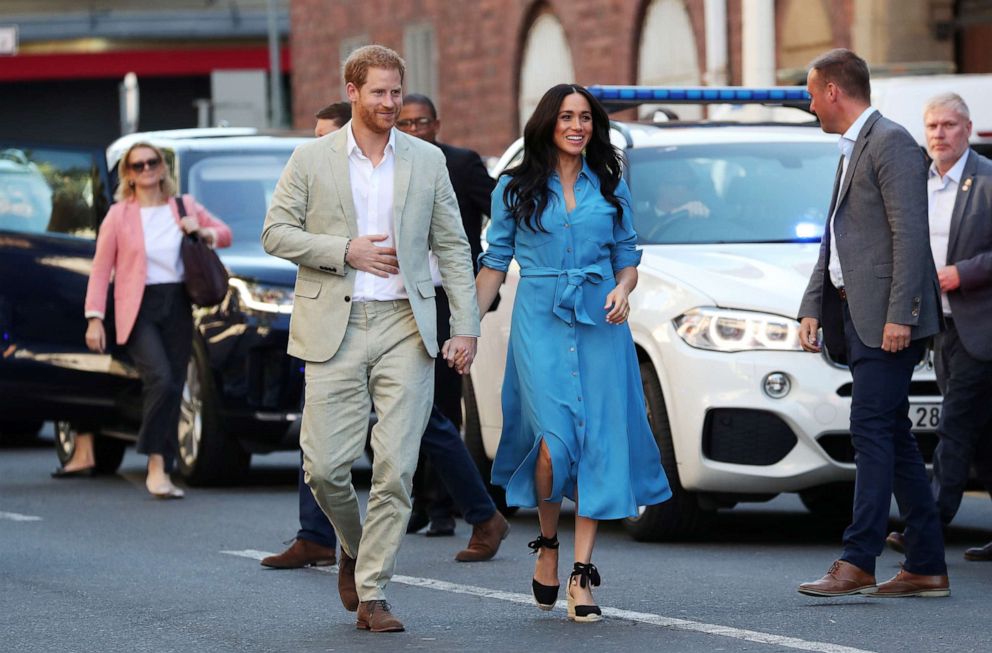 PHOTO: The Duke and Duchess of Sussex, Prince Harry and his wife Meghan, arrive at the District Six, on the first day of their African tour in Cape Town, South Africa, Sept. 23, 2019.