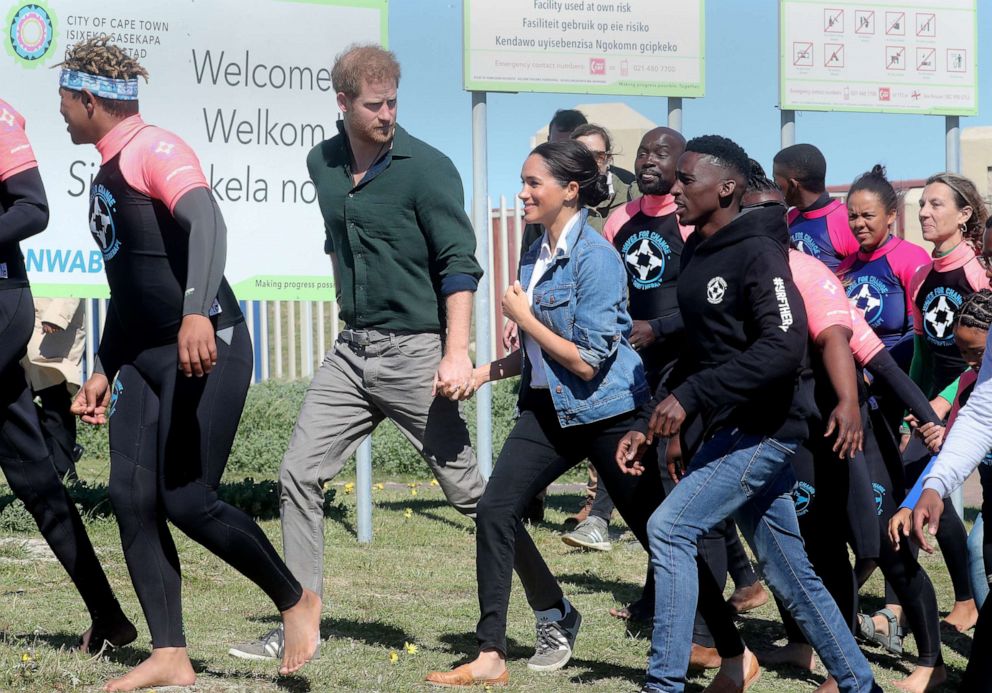 PHOTO: The Duke and Duchess of Sussex, Prince Harry and his wife Meghan, visit Waves for Change, an NGO, at Monwabisi Beach on Sept. 24, 2019 in Cape Town, South Africa.