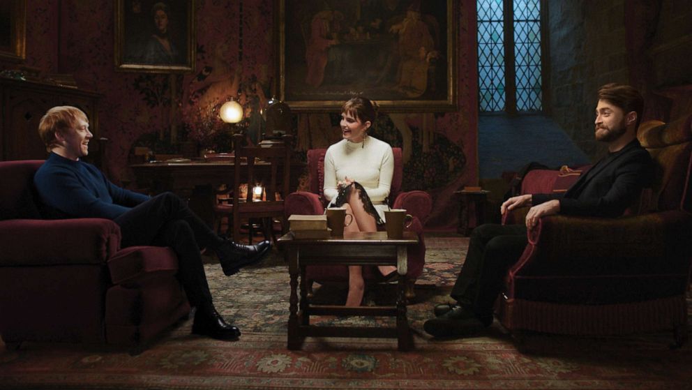 PHOTO: HBO Max released a first look photo with, left to right, Rupert Grint, Emma Watson, and Daniel Radcliffe from the set of "Harry Potter 20th Anniversary: Return to Hogwarts."