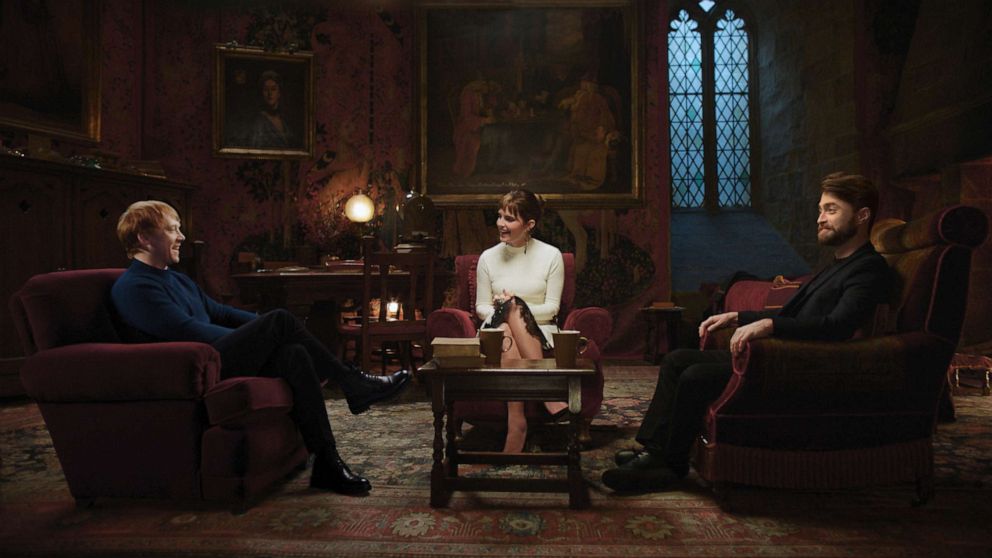 PHOTO: HBO Max released a first look photo with, left to right, Rupert Grint, Emma Watson, and Daniel Radcliffe from the set of "Harry Potter 20th Anniversary: Return to Hogwarts."