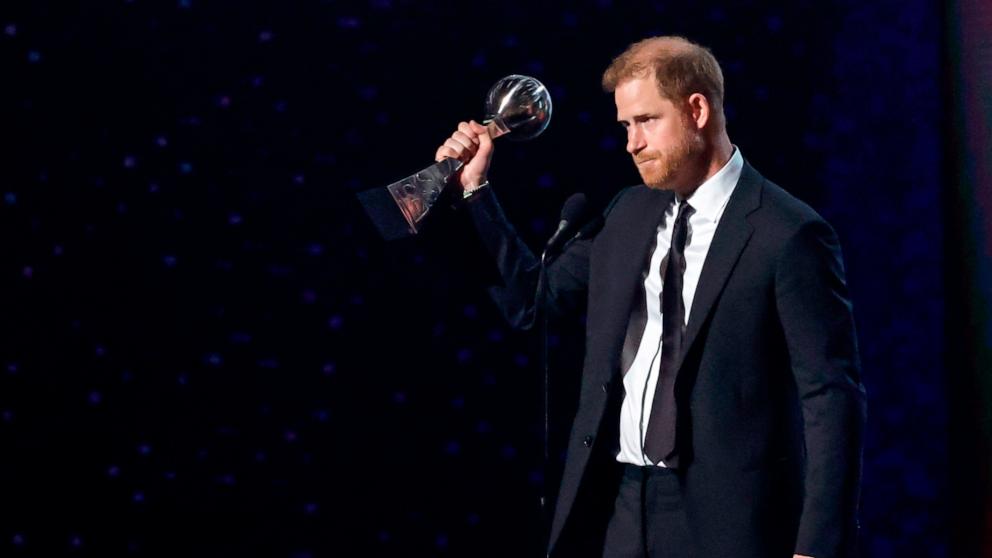 PHOTO: Prince Harry, Duke of Sussex accepts the Pat Tillman Award onstage during the 2024 ESPY Awards at Dolby Theatre on July 11, 2024 in Hollywood, Calif.