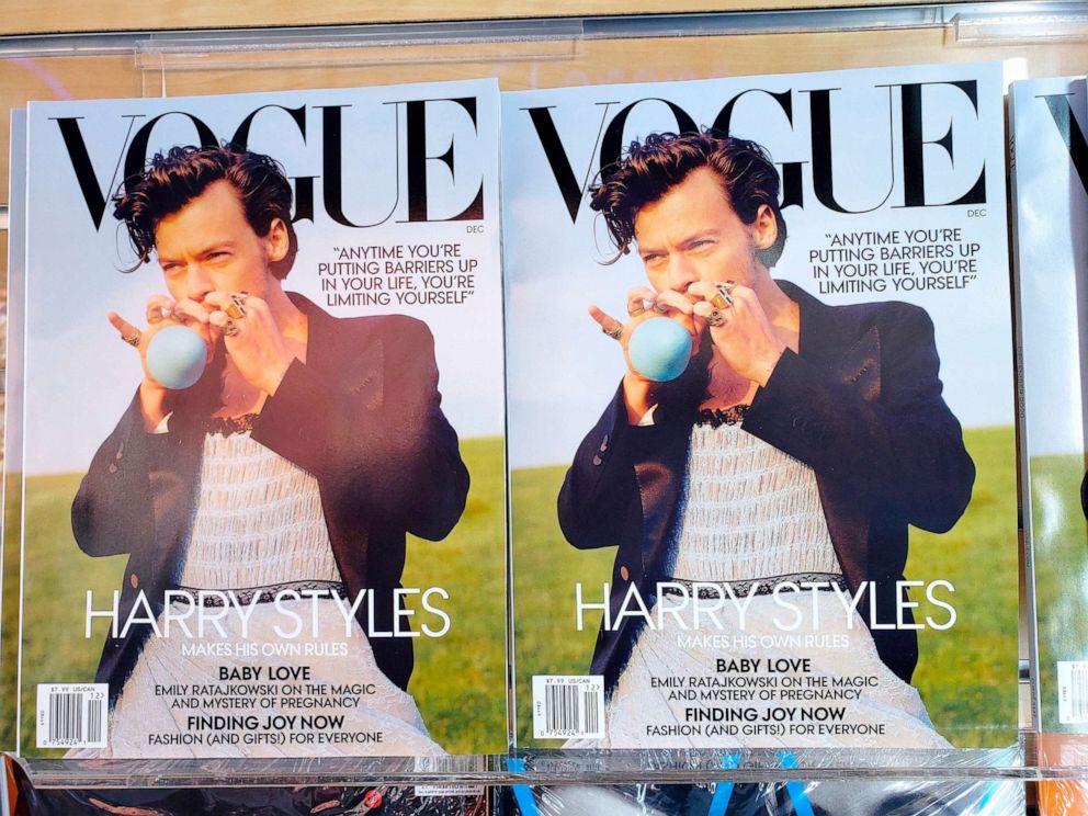 PHOTO: Vogue's December issue featuring Harry Styles photographed by Tyler Mitchell is displayed on local newsstand in New York, Nov. 24, 2020.
