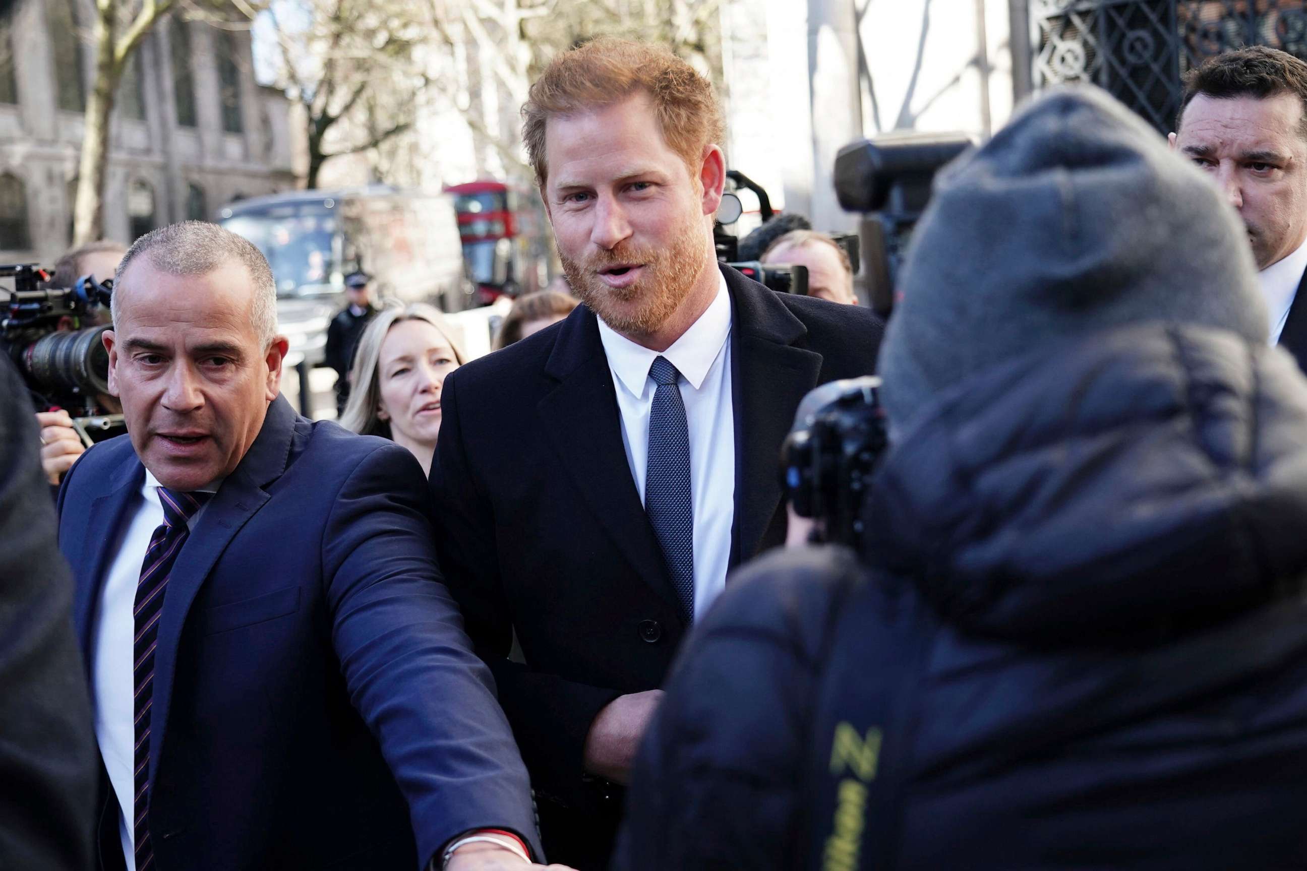 PHOTO: Britain's Prince Harry, center, arrives at the Royal Courts Of Justice, in London, March 27, 2023.