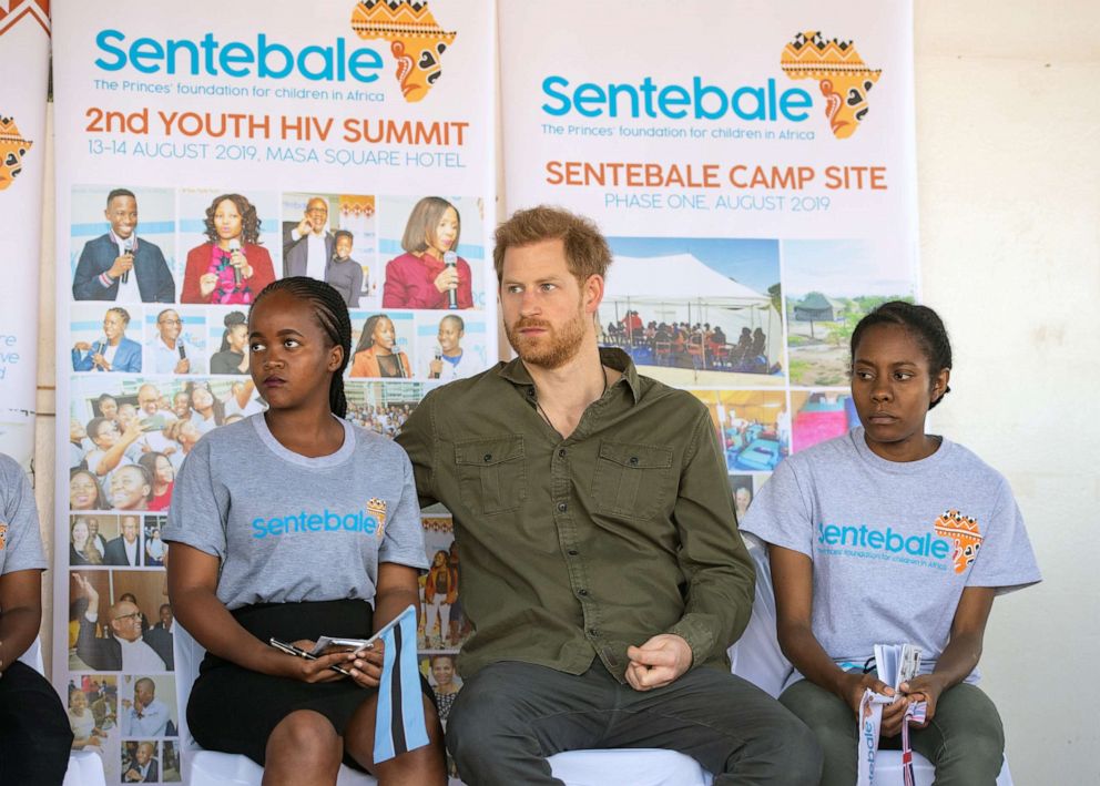 PHOTO: Prince Harry, The Duke of Sussex joins in a confidence building exercise with young people during a visit to the Kasane Health Post, run by the Sentebale charity, in Kasane, Botswana, Sept. 26, 2019.