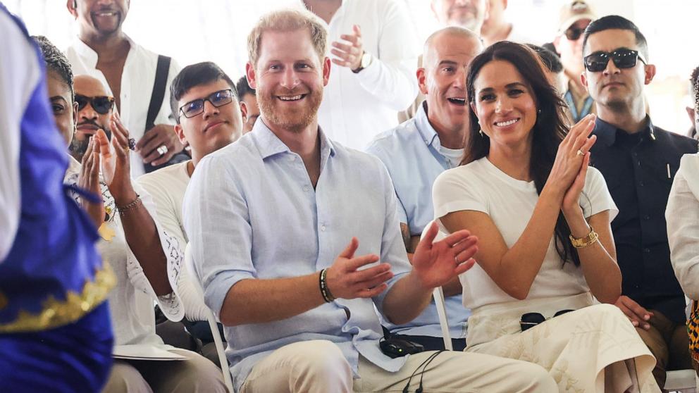 PHOTO: Prince Harry, Duke of Sussex and Meghan, Duchess of Sussex seen at the Unidad Recreativa El Vallado on Aug. 18, 2024 in Cali, Colombia.