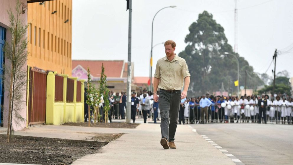 PHOTO: Prince Harry, Duke of Sussex on his way to visit The Diana Tree in Huambo, Angola, which marks the spot where the Princess of Wales was photographed in 1997, on day five of the royal tour of Africa on Sept. 27, 2019 in Dirico, Angola.