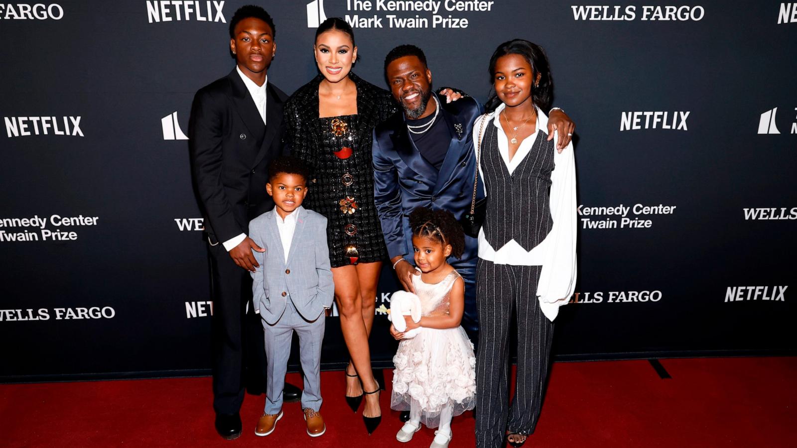 PHOTO: Hendrix Hart, Kenzo Hart, Eniko Hart, Kevin Hart, Kaori Hart and Heaven Hart attend the 25th Annual Mark Twain Prize For American Humor at The Kennedy Center, March 24, 2024, in Washington, D.C.