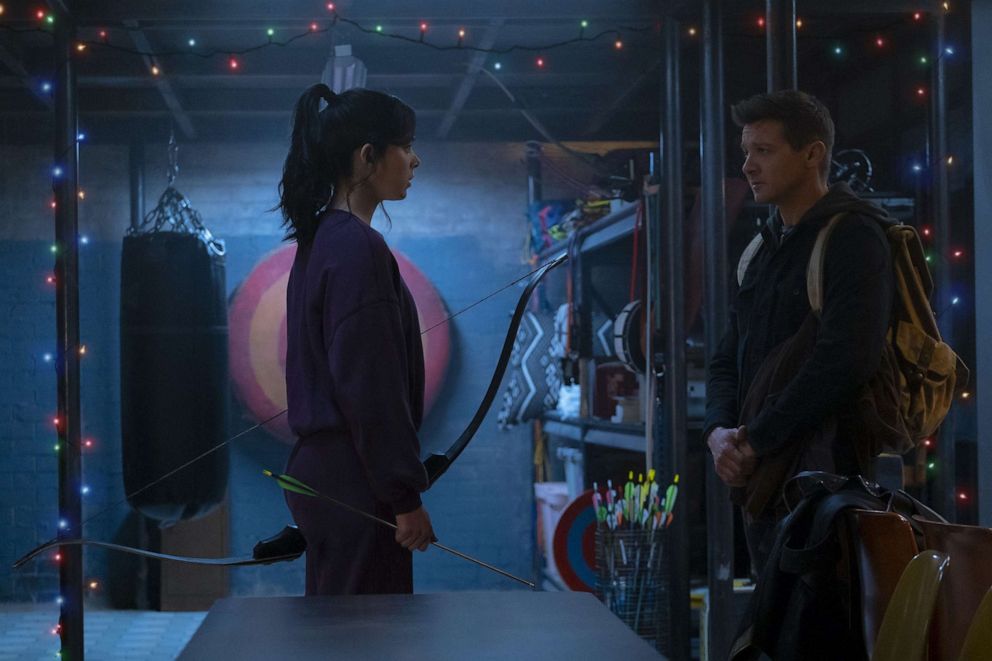 PHOTO: Marvel Studios’ “Hawkeye” stars Jeremy Renner as Hawkeye, who teams up with another well-known archer from the Marvel comics, Kate Bishop, played by Hailee Steinfeld, 2021.