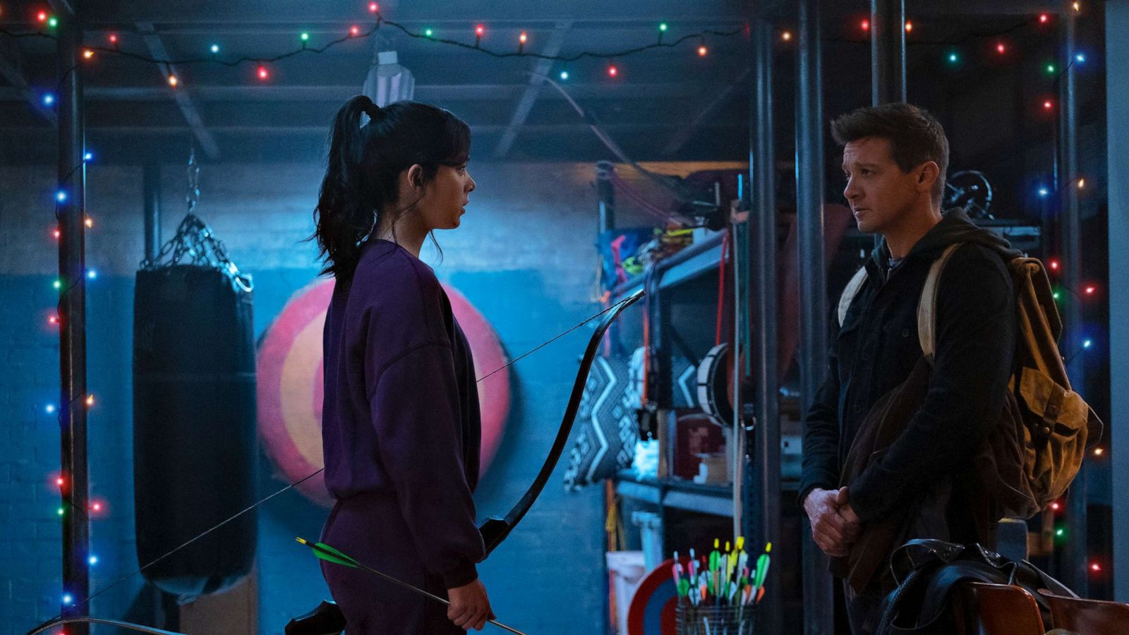 PHOTO: Left, Kate Bishop (Hailee Steinfeld) and Hawkeye/Clint Barton (Jeremy Renner) in Marvel Studios' "HAWKEYE," on Disney+.