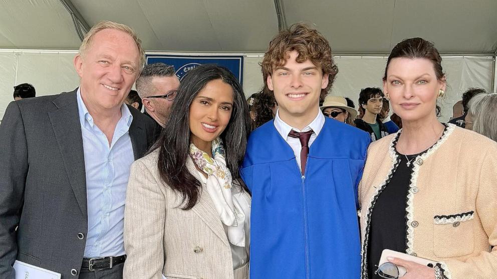 PHOTO: Linda Evangelista poses in a photo alongside son Augustin James, Salma Hayek and Francois-Henri Pinault.