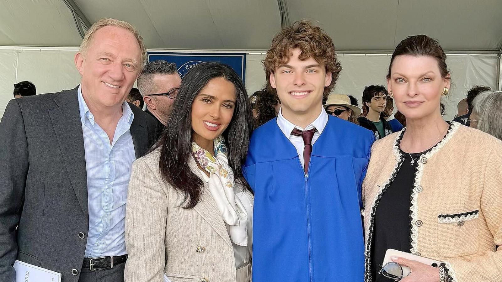 PHOTO: Linda Evangelista poses in a photo alongside son Augustin James, Salma Hayek and Francois-Henri Pinault.