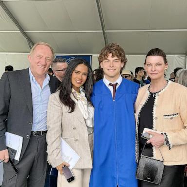PHOTO: Linda Evangelista poses in a photo alongside son Augustin James, Salma Hayek and Francois-Henri Pinault.