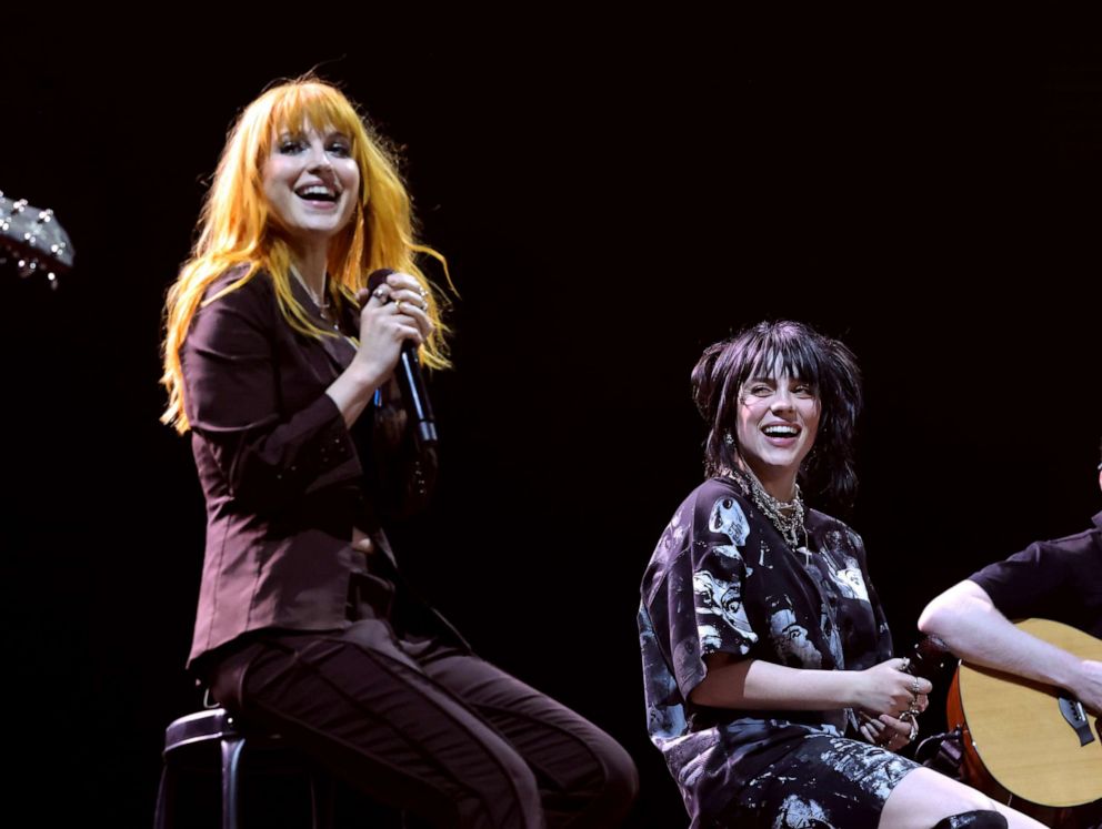 PHOTO: Hayley Williams and Billie Eilish perform on the Coachella stage during the 2022 Coachella Valley Music And Arts Festival on April 23, 2022 in Indio, Calif.