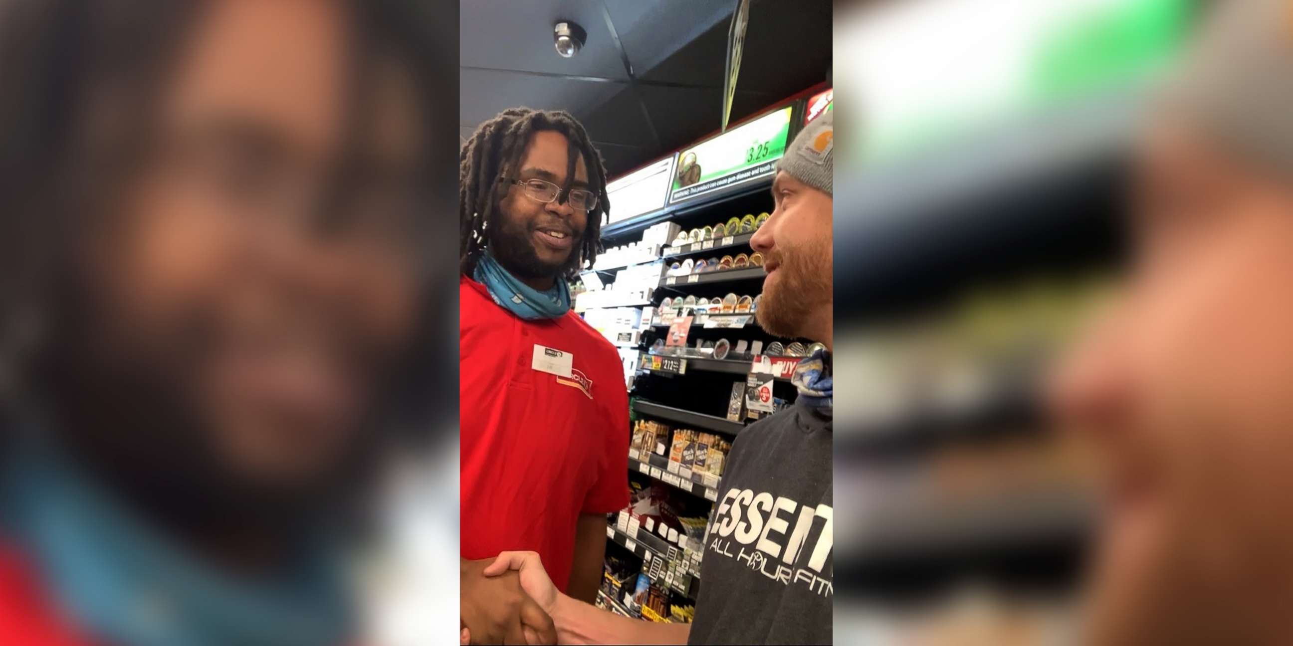 PHOTO: Gas station cashier Edward Hays Jr., 28, left, shakes the hand of David Daniels, 29, right, the man who crowdfunded thousands of dollars so Hays could have his own car to drive to his job, in Bossier City, Louisiana.