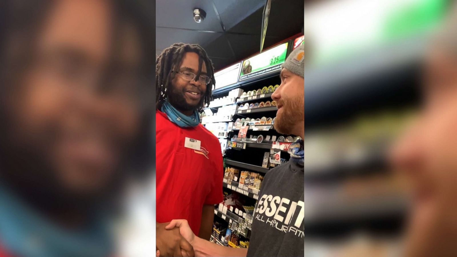 PHOTO: Gas station cashier Edward Hays Jr., 28, left, shakes the hand of David Daniels, 29, right, the man who crowdfunded thousands of dollars so Hays could have his own car to drive to his job, in Bossier City, Louisiana.